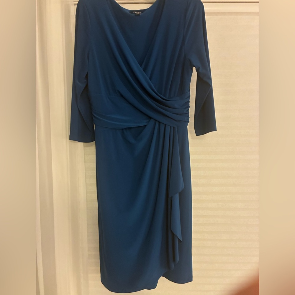 Chaps 3/4 Long Sleeve Blue Draped Dress